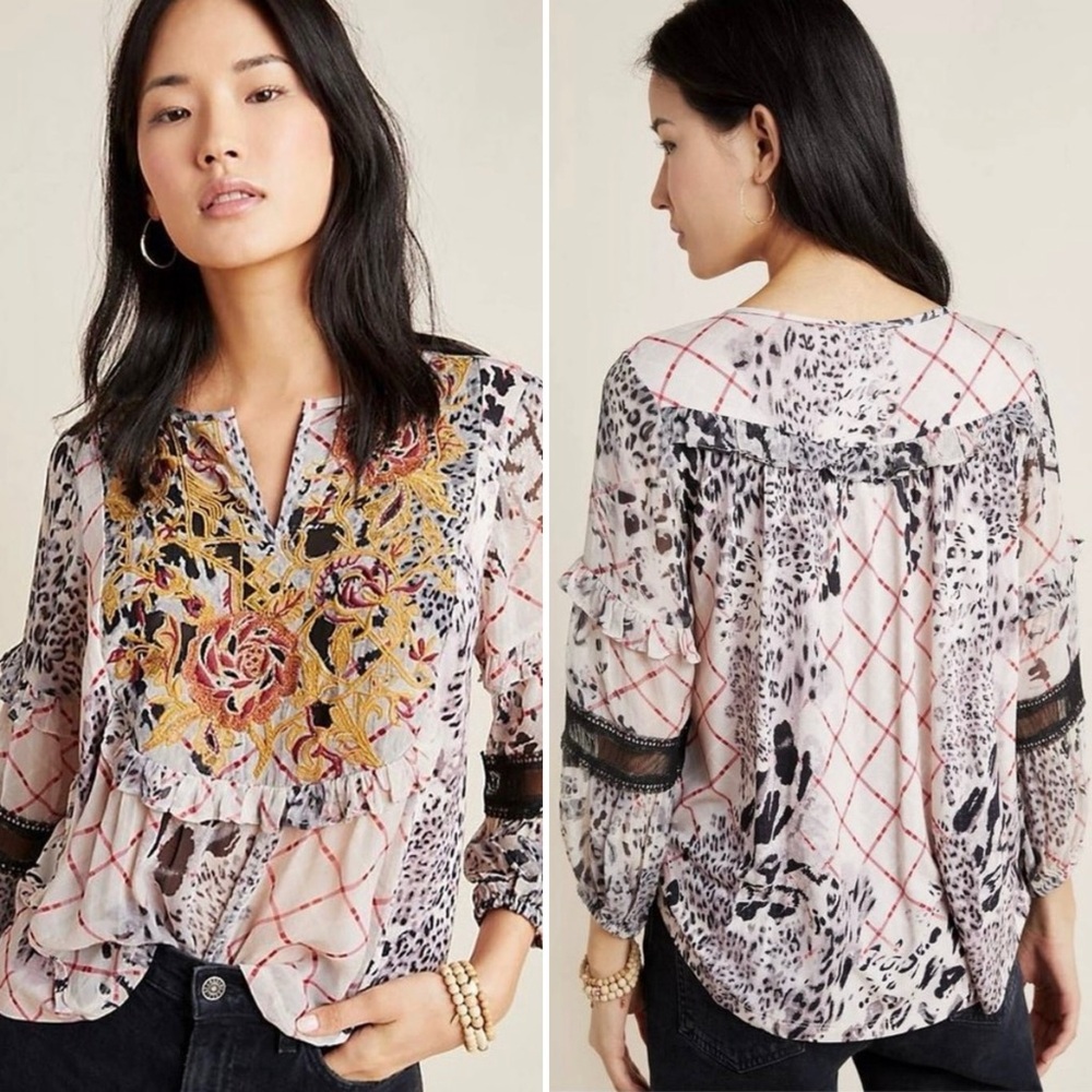 Anthropologie Mathilda Floral Embroidered Boho Peasant Top Cottagecore Size L